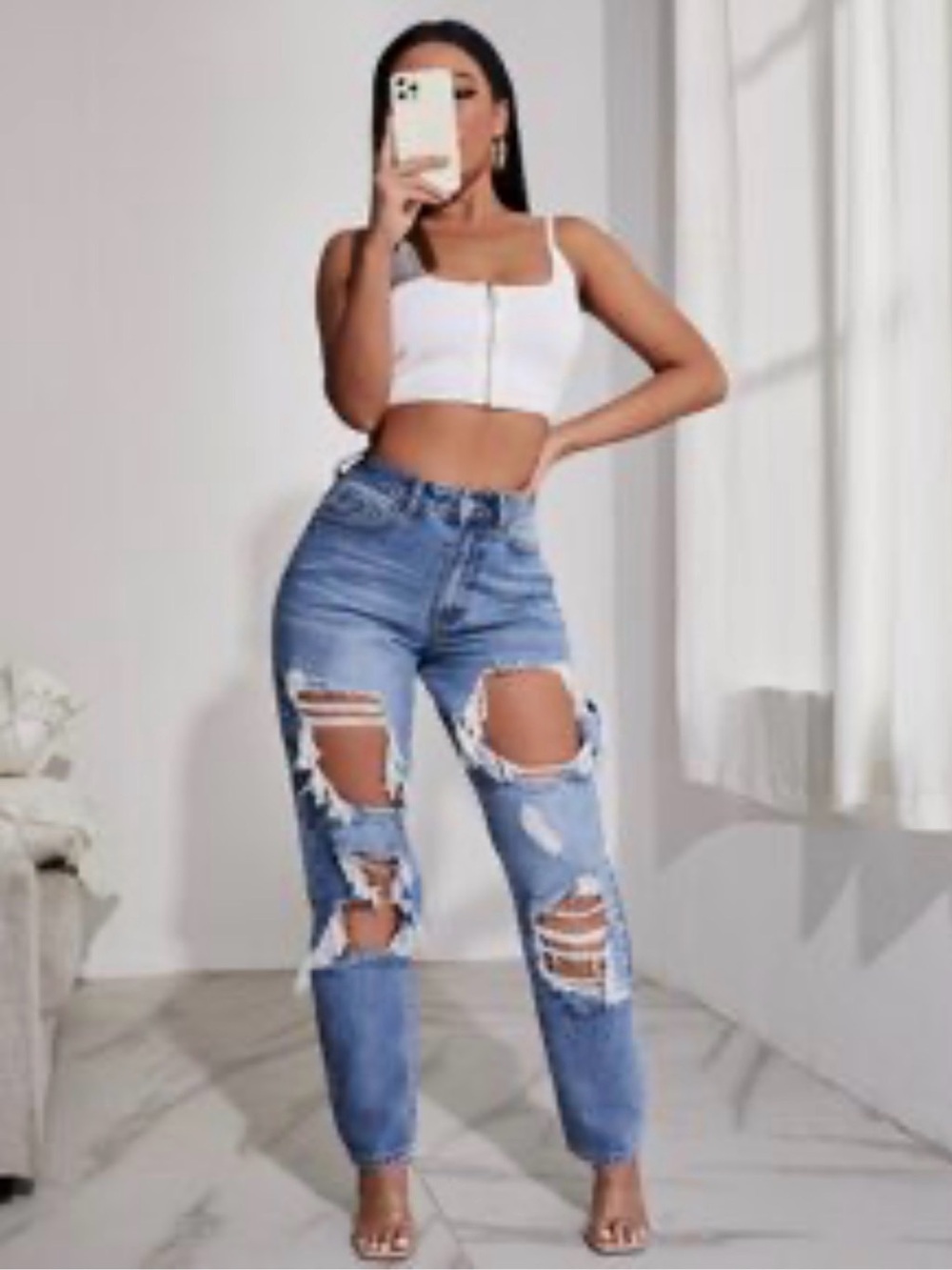 SHEIN Dark Blue Distressed Denim Jeans